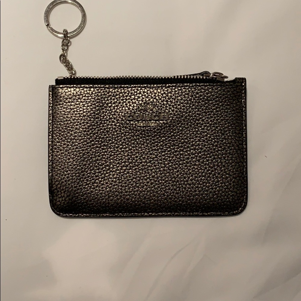 Coach Black Pebbled Leather Key & Card Holder with Silver Chain